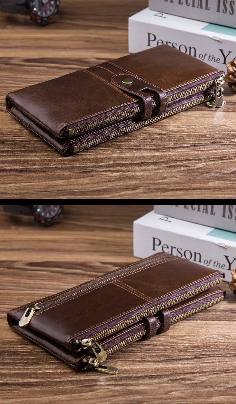 Trendha Premium Cowhide Leather Wallet with Multiple Card Slots and Secure Zipper Compartment