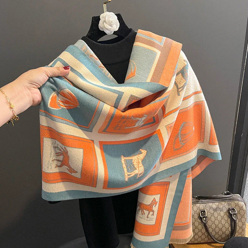 Luxurious artificial cashmere scarf in vibrant colours, perfect for keeping warm or cool with its dual-use design.