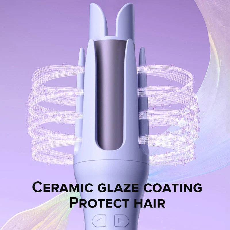 Auto-Rotating Ceramic Hair Styler in Pink, with adjustable temperature settings and dual voltage compatibility for worldwide use