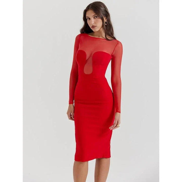Sophisticated midi dress with sheer long sleeves, backless design, and bodycon fit for a flattering silhouette