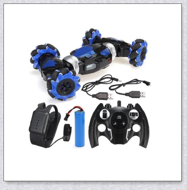 Remote control stunt car with 360-degree rotation, flips, and built-in colourful lights and music for exciting playtime