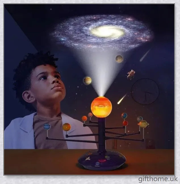 Colourful sky projector displaying planets and stars, creating a starry night effect in a room