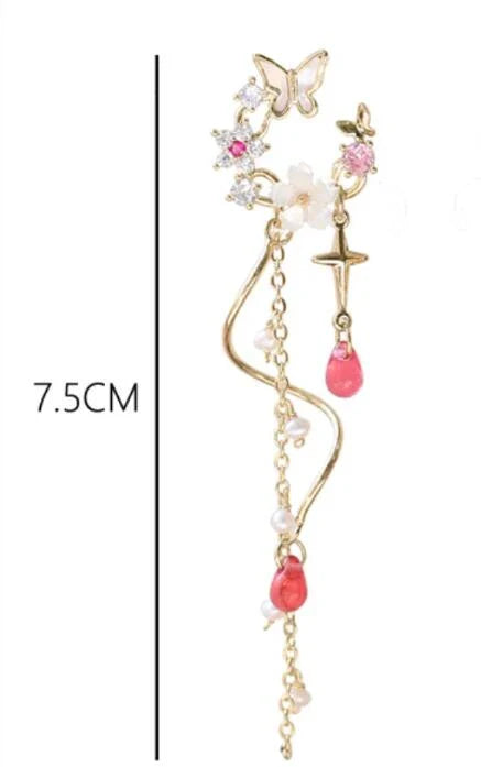 Elegant and Exquisite Gilded Earrings with Zircon Stones, Freshwater Pearls, and Resin Raindrops