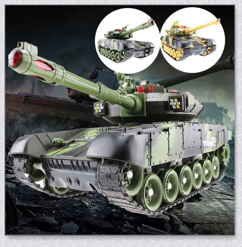 Remote-controlled military tank with flexible tracks, realistic sound effects, and firing simulation for thrilling battles and outdoor adventures
