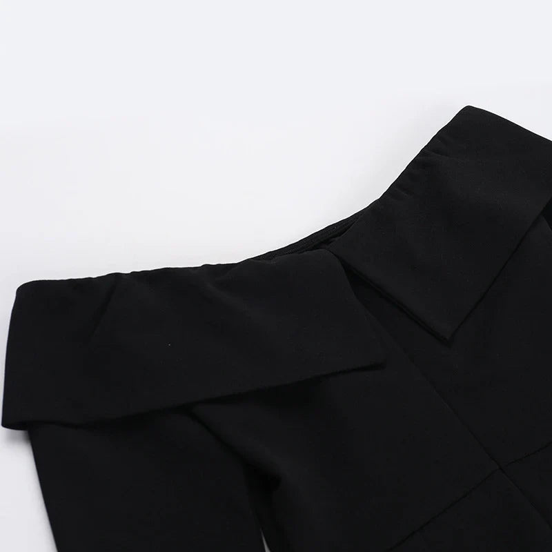 Elegant off-the-shoulder A-line dress for women with slim fit, bell sleeves, and high waist design