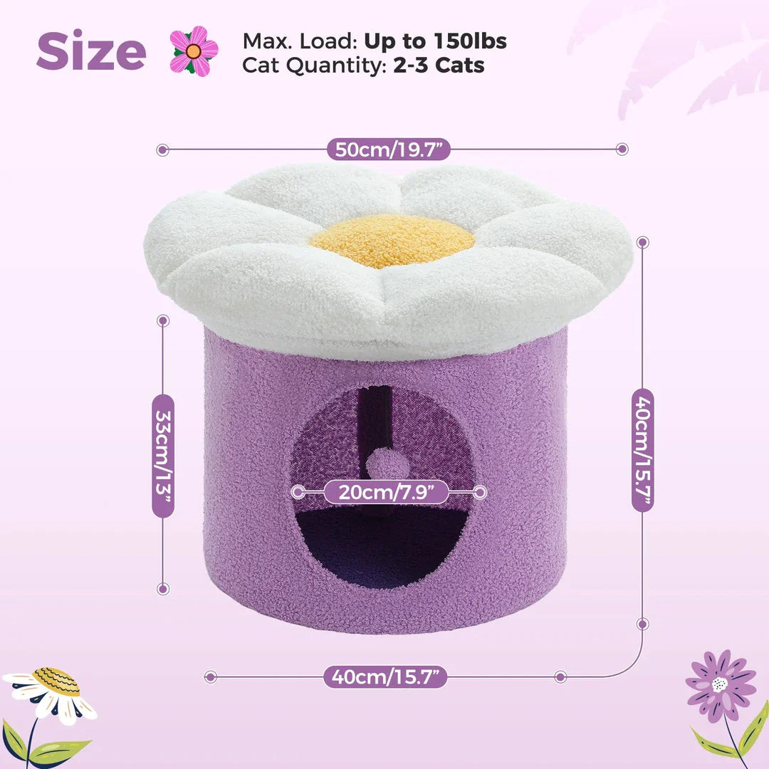 Luxurious double-decker cat bed with charming flower-shaped perch and interactive toy, made with soft corduroy fabric for maximum comfort.