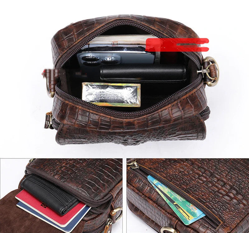 Premium cowhide leather diagonal shoulder bag for men, featuring a sophisticated box-shaped design and distinctive crocodile pattern