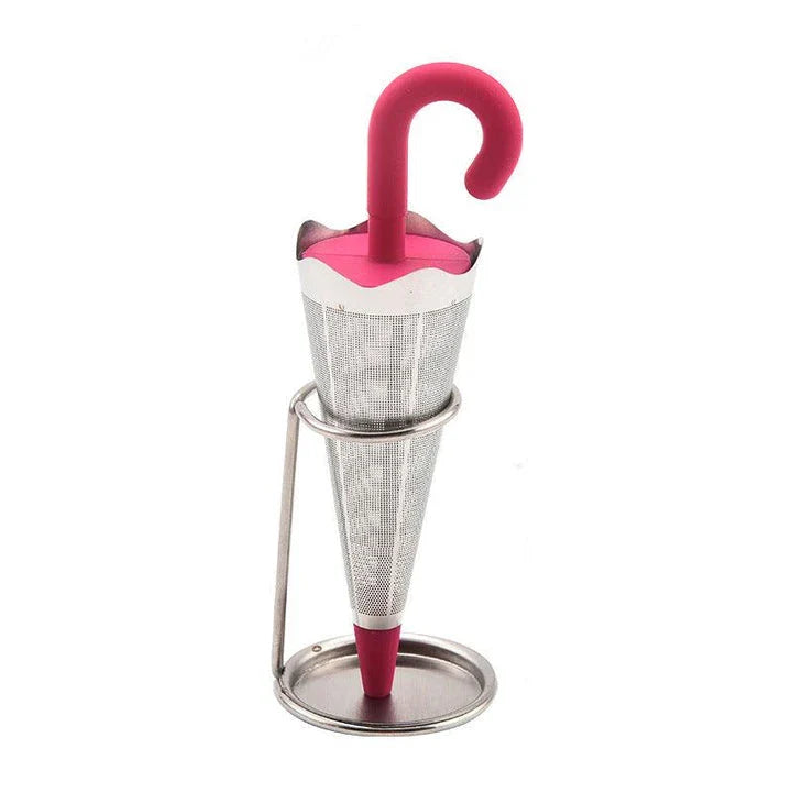 Silicone and stainless steel tea strainer with an umbrella-inspired design, available in various colours