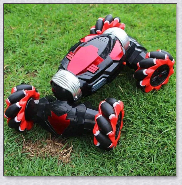 Remote control stunt car with 360-degree rotation, flips, and built-in colourful lights and music for exciting playtime
