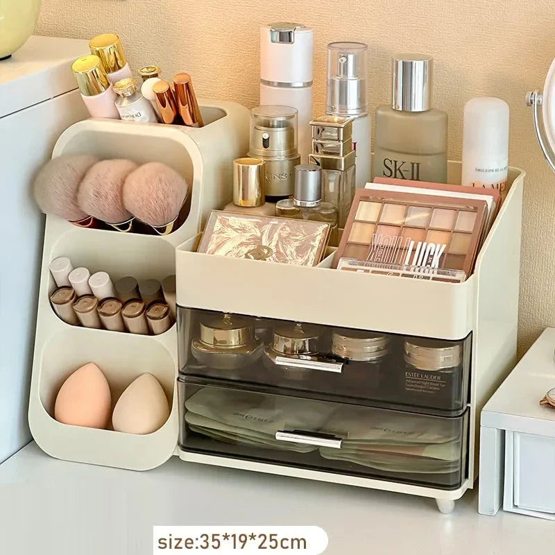 A large makeup organizer with a rotating brush holder and divided tray for storing cosmetics, skincare products, and beauty tools.