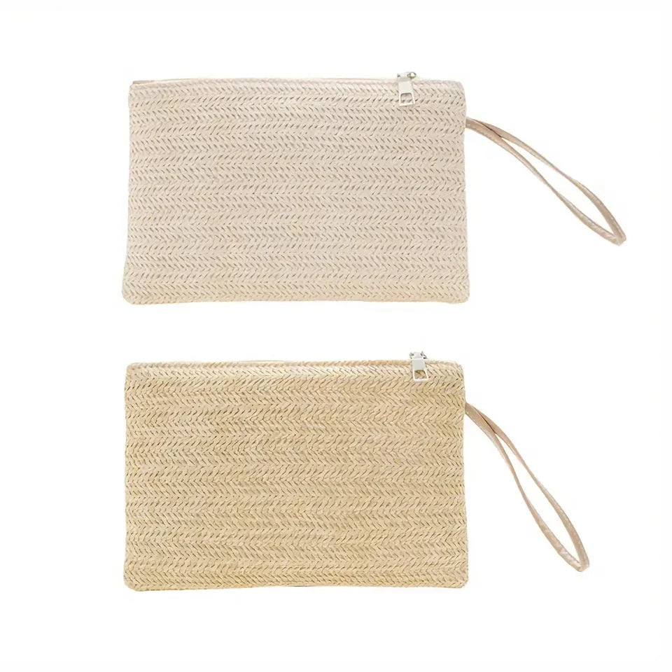 A natural straw-woven clutch with a zipper closure, perfect for summer outings in the UK.