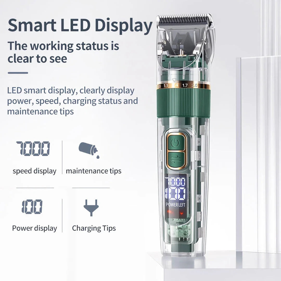 A professional pet hair trimmer with premium stainless steel blades and adjustable settings for customised grooming