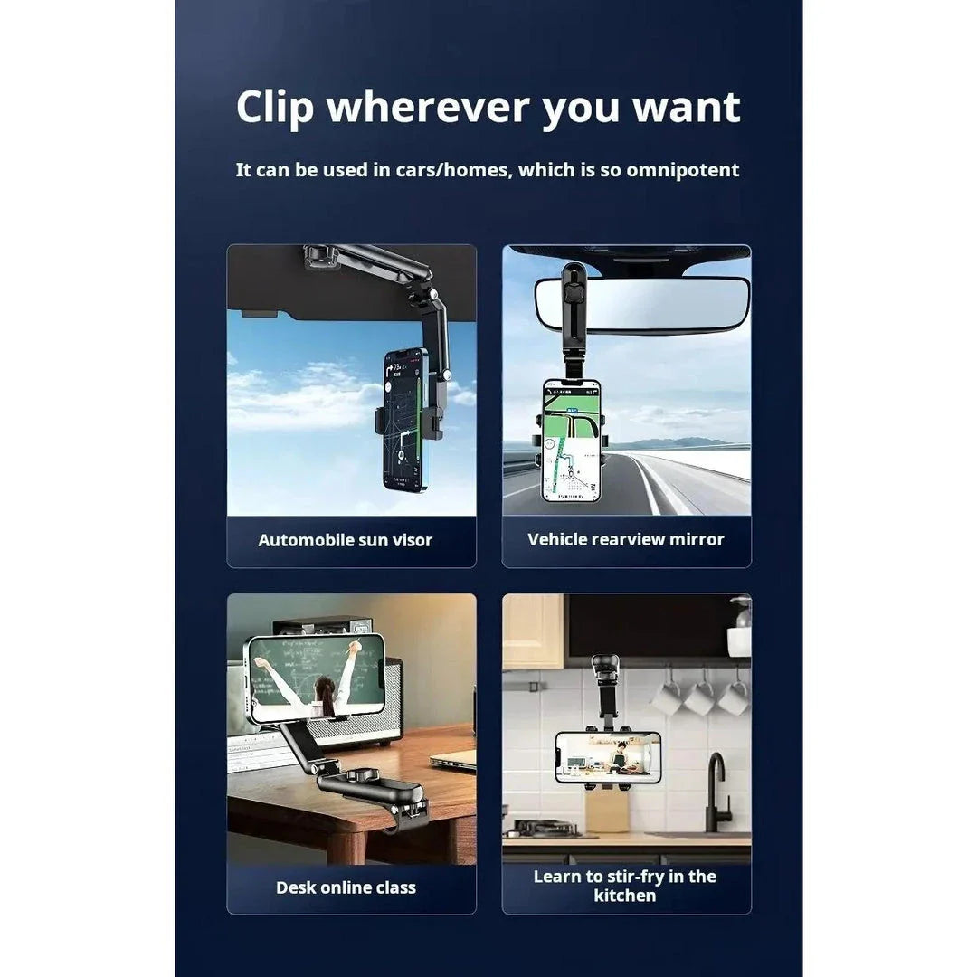 Premium 360-degree adjustable car phone holder for rearview mirror, featuring a durable and versatile design for secure smartphone mounting