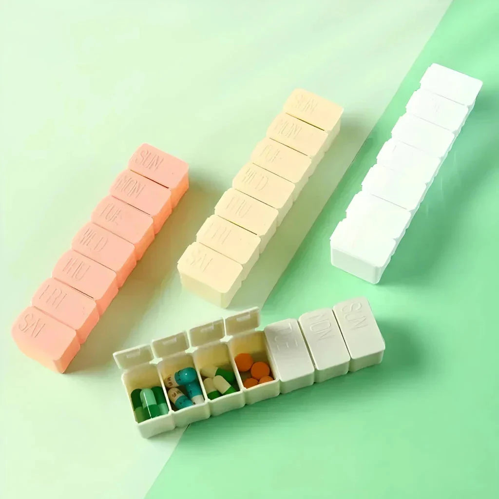 Colourful 7-day weekly pill organiser with clear compartments and lettering for easy medication management