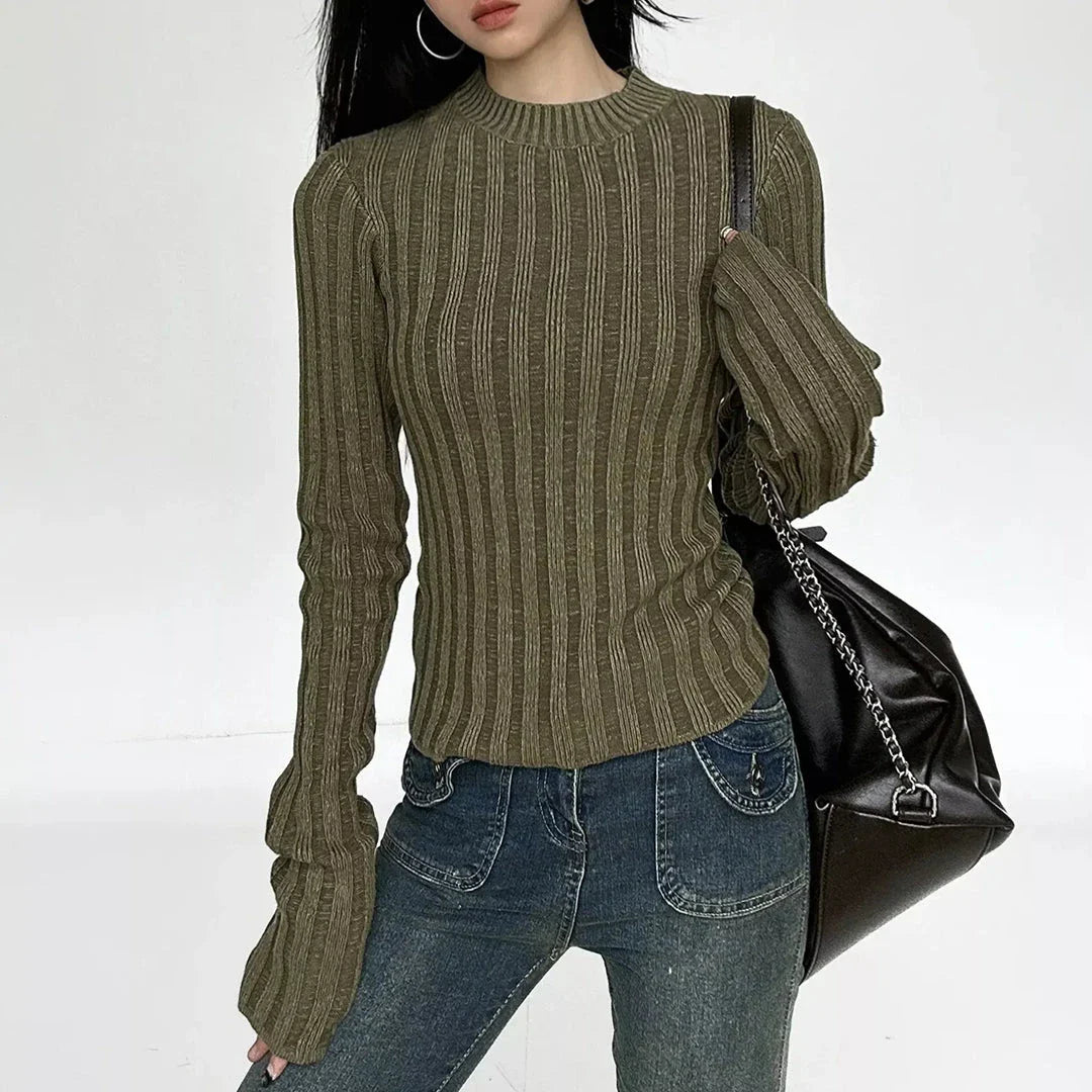 Women's Stylish Round Neck Long Sleeve Slim Fit Knitted Jumper in Green