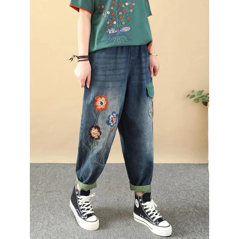 Stylish embroidered patchwork ankle-length harem jeans with a comfortable, versatile design