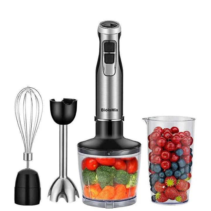 A powerful 1200W 4-in-1 immersion hand blender with attachments for chopping, blending, and whipping