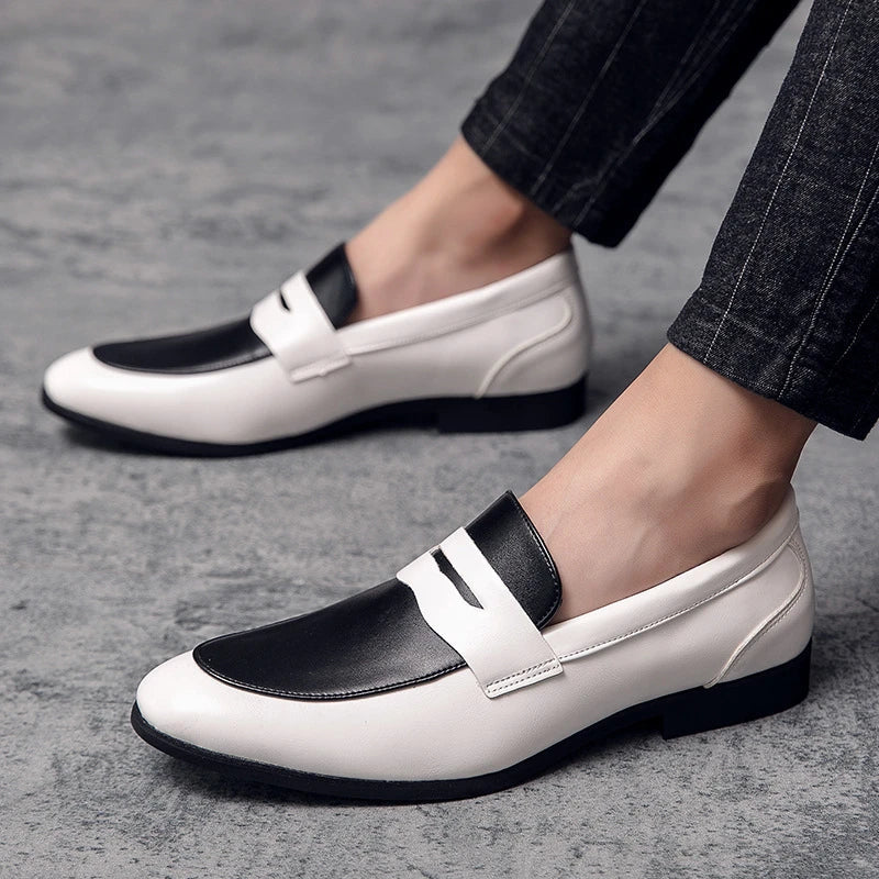 Premium British-style leather dress shoes for men in white, black, yellow, and red colour options