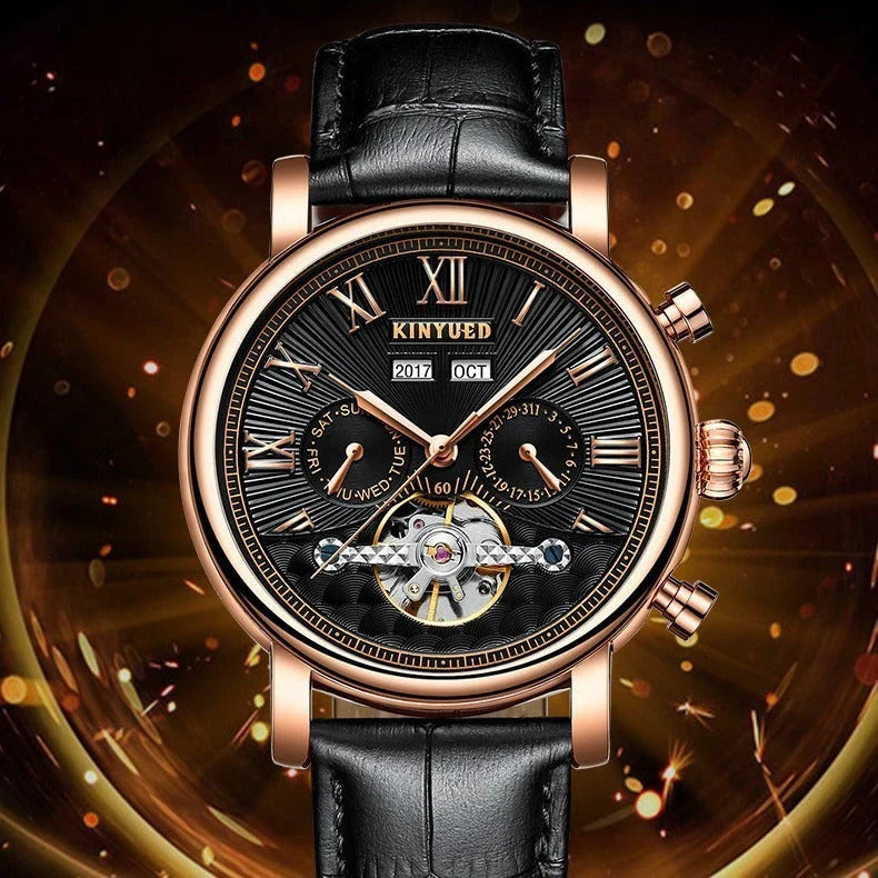 Automatic mechanical watch with genuine leather strap, featuring a stylish hollow-out dial design
