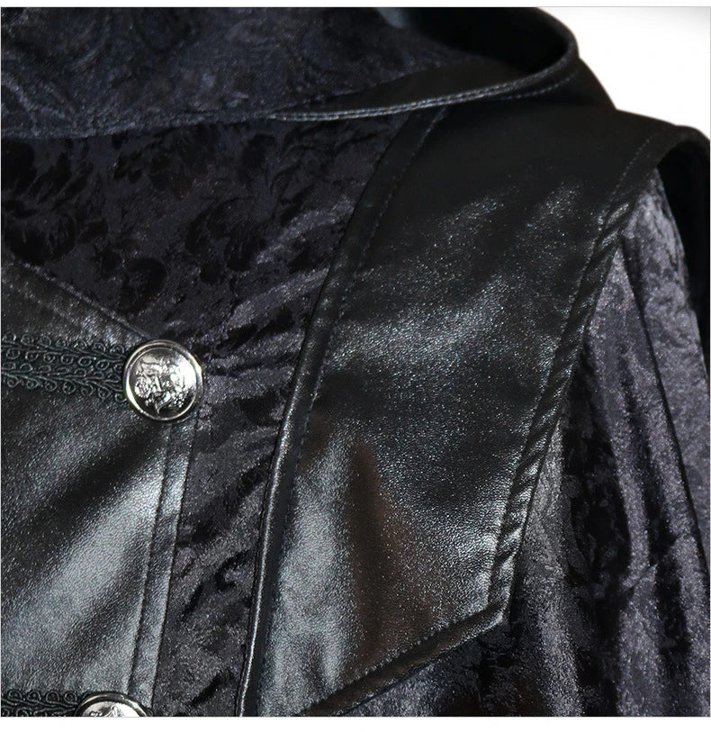 Black stand collar leather gothic cape coat with a flowing, dramatic silhouette