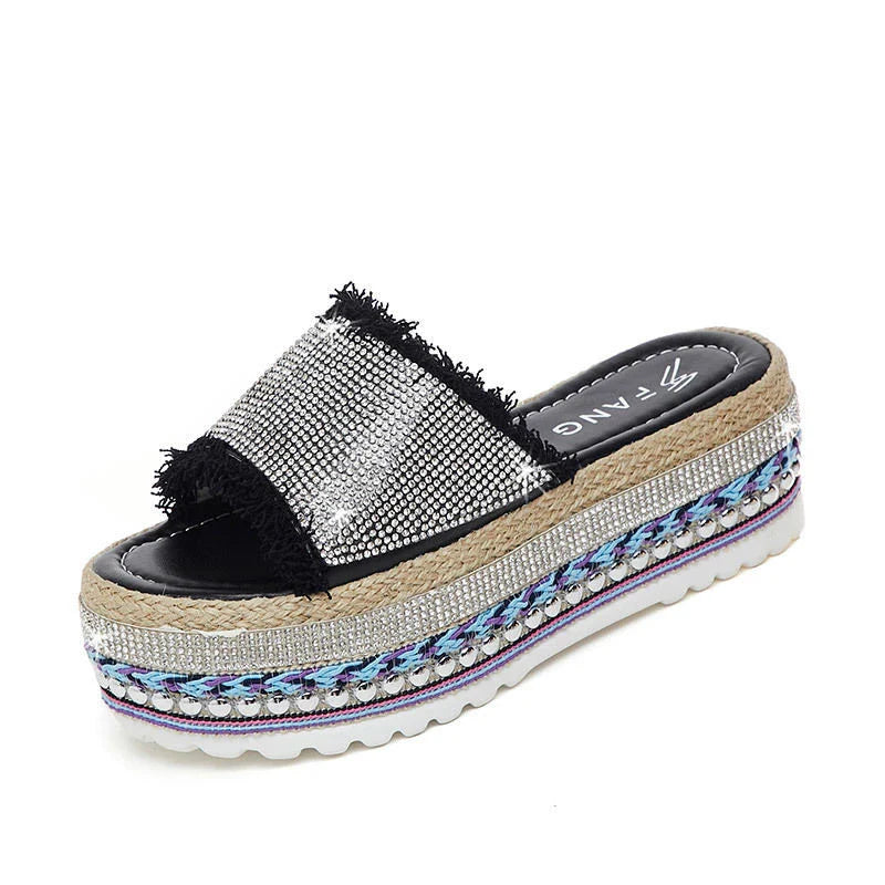 Stylish sponge cake elevated women's slippers in beige, black, and yellow colours