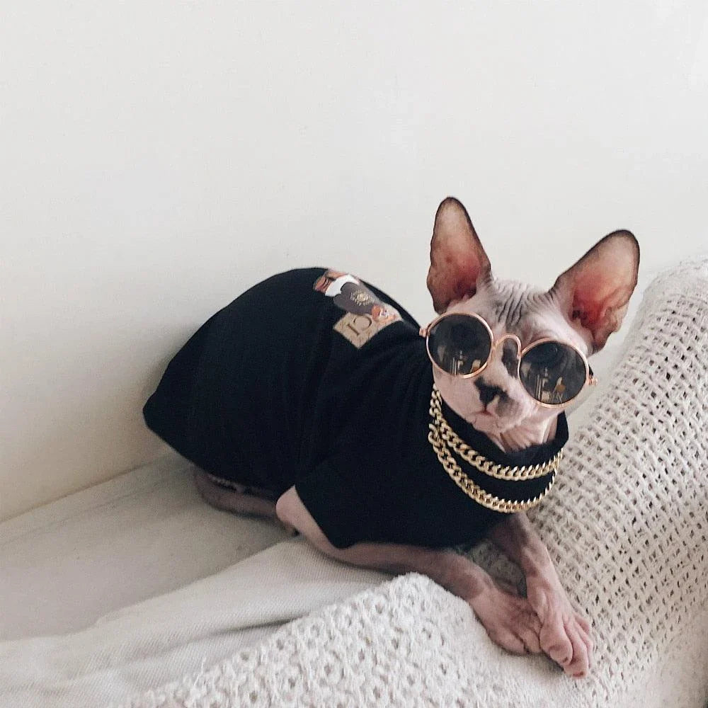 A stylish cotton sweater with a vibrant printed design and a coordinating necklace accessory, perfect for keeping your cat warm and fashionable.