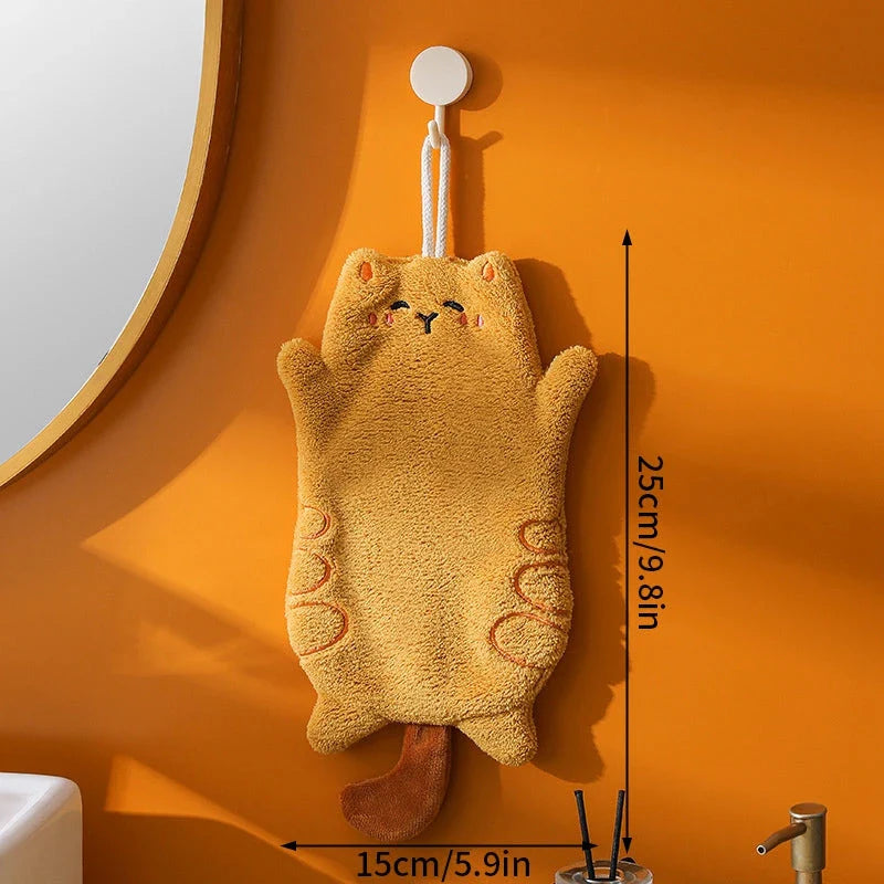 Soft, absorbent coral velvet cat-shaped hand towel with convenient hanging lanyard