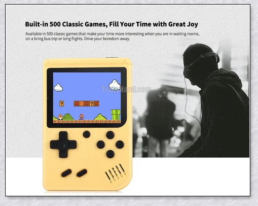 Tinytendo mini gaming console with 500 built-in retro games, compact and portable design, vibrant display, and long-lasting battery life.