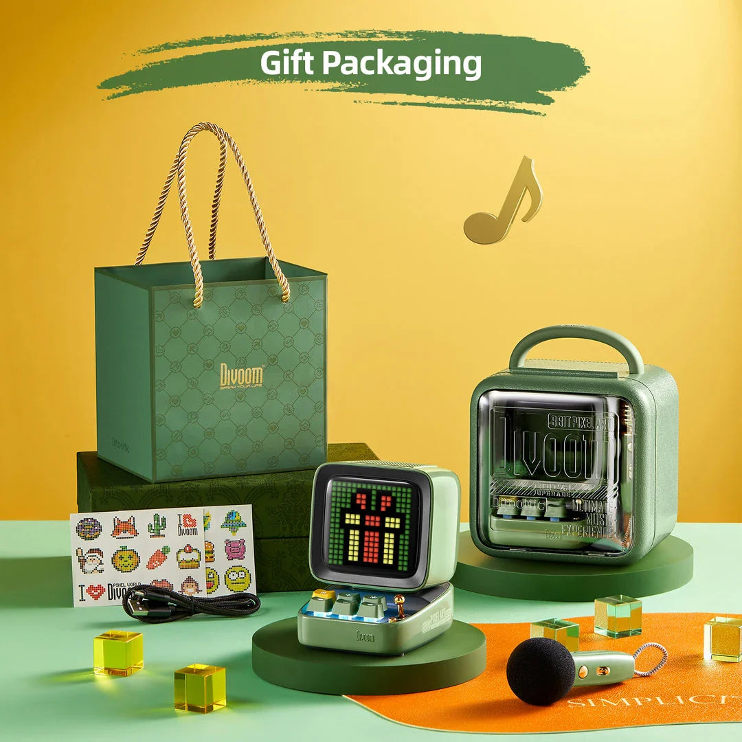 Ditoo-Mic Bluetooth Speaker with pixel art display, karaoke microphone, and retro design