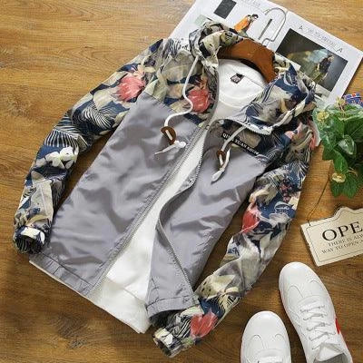 Men's slim-fit hooded jacket with camouflage print, zippered pocket, and premium chemical fibre blend fabric