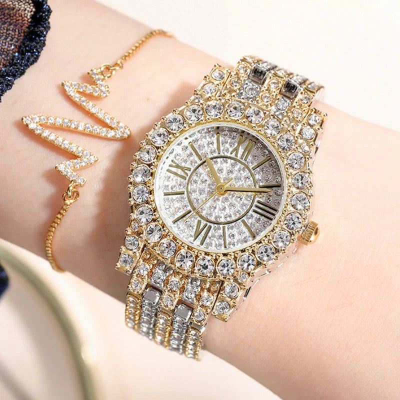 Elegant rhinestone-encrusted waterproof quartz watch with a sleek, round dial in gold, silver, or middle gold finishes