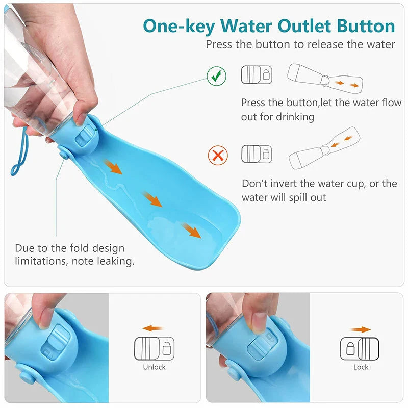 Portable pet water bottle with a wide trough and generous 420ml capacity for hydrating dogs on the go.