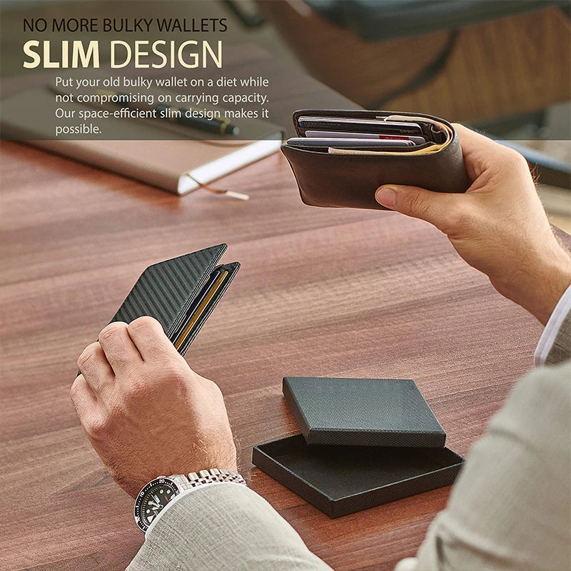 Premium British leather wallet with carbon fibre accents, featuring multiple card slots for organised storage of essentials