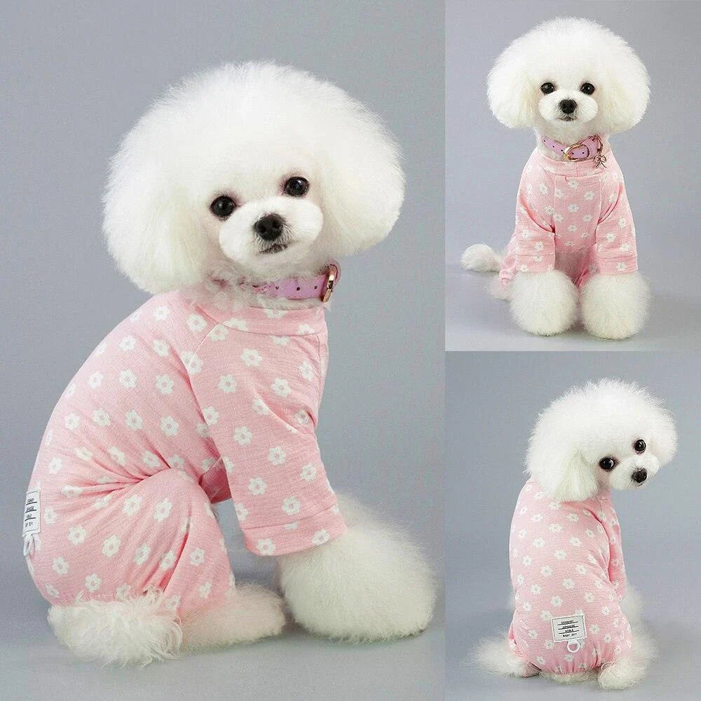 Floral cotton dog jumpsuit in blue and pink hues, providing comfort and style for your canine companion