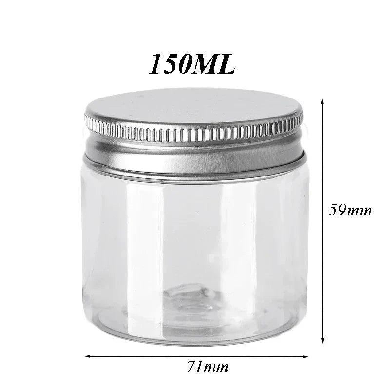 Premium 10-piece set of clear plastic storage jars with aluminium lids for organising cosmetics, food, and household items