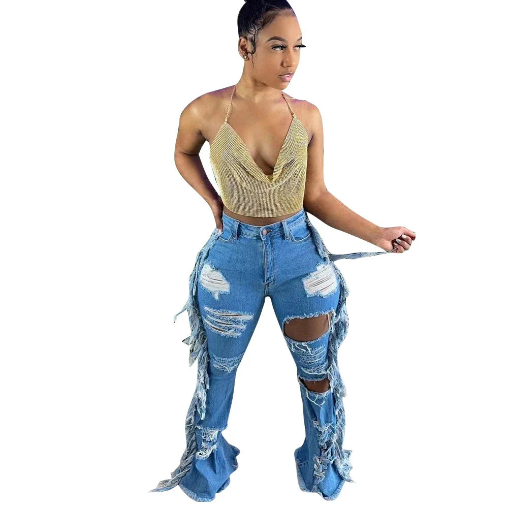Stylishly distressed tassel jeans with light blue wash and straight-leg silhouette