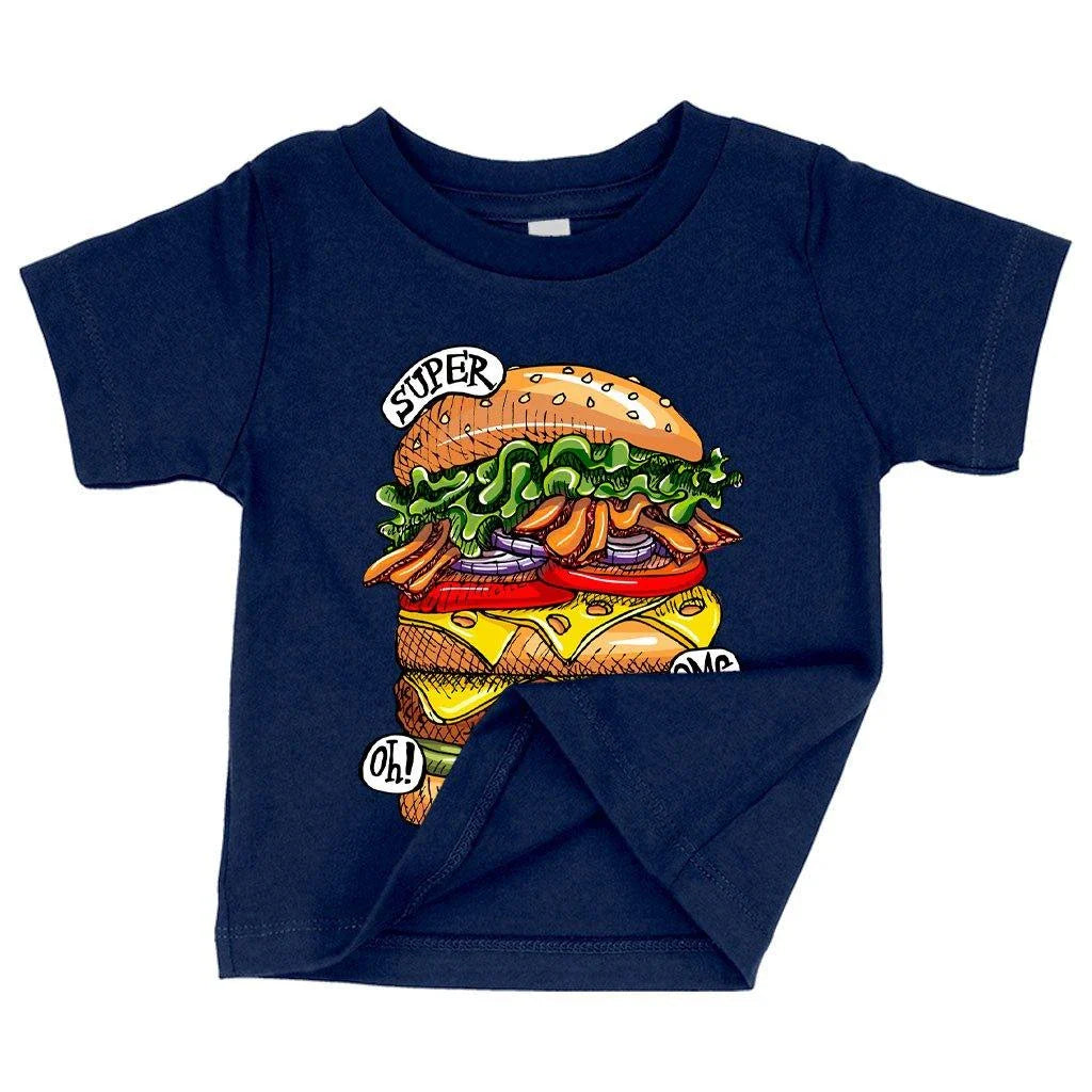 Trendy Baby Burger T-Shirt in white, featuring a cute burger graphic design for comfortable and stylish baby clothing