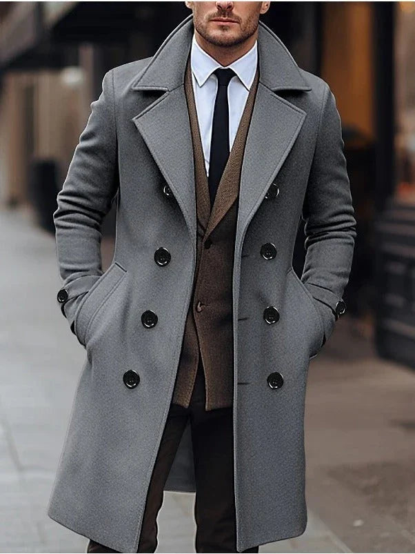 Premium double-breasted woollen men's coat in dark grey, perfect for British winters