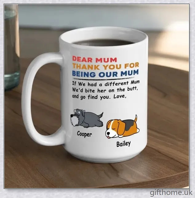 Personalized custom coffee mug with a playful and unique design, perfect for pet lovers and those with a quirky sense of humour.