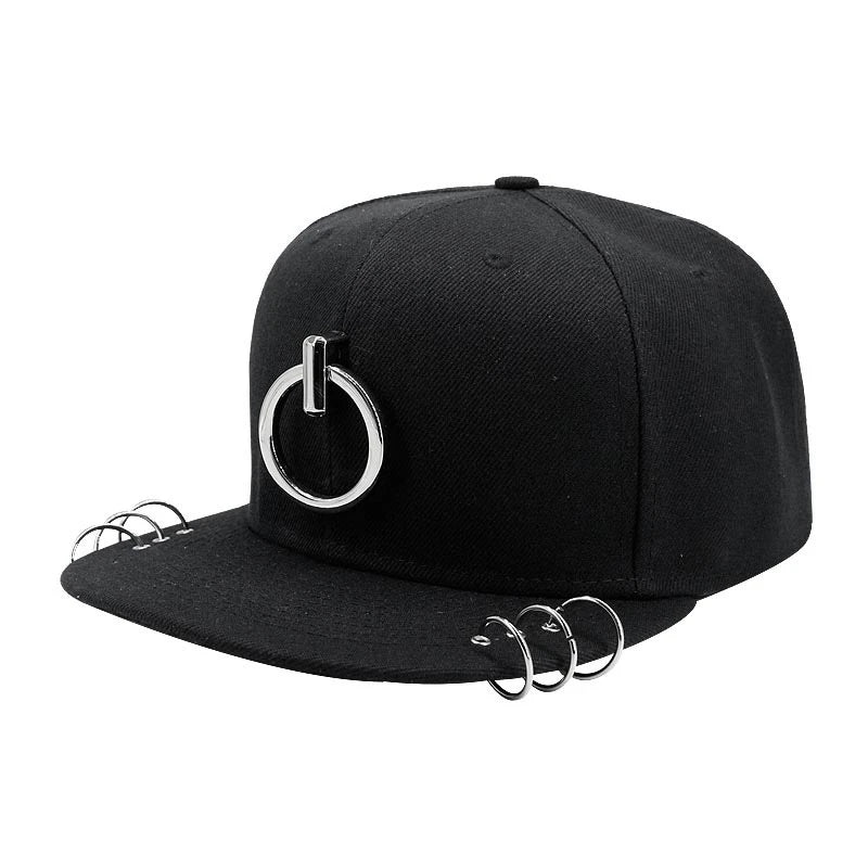 A stylish black flat-brimmed cap with a Korean-inspired design, featuring an adjustable elastic band for a comfortable fit.