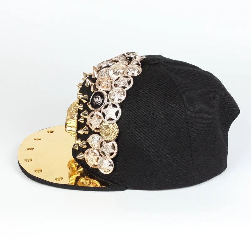 A black baseball cap with a striking skull and leopard print design, featuring adjustable snapback closure for a customized fit.