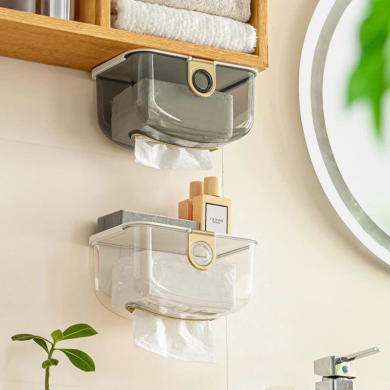 Modern grey wall-mounted tissue box and storage dispenser for bathroom and kitchen