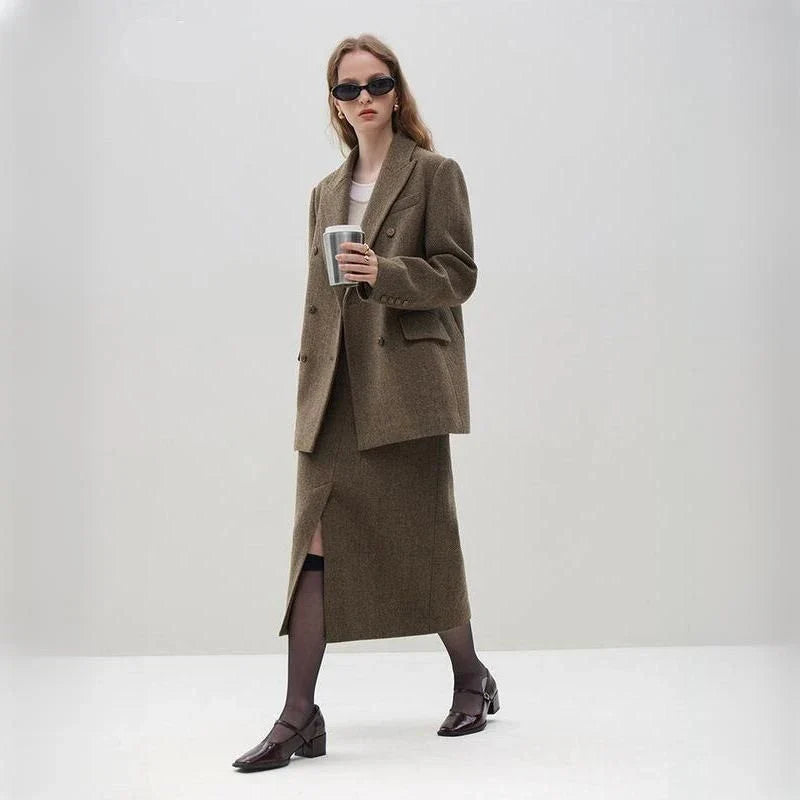 Sophisticated wool blazer and skirt set for professional women, featuring a chic double-breasted jacket and an elegant long skirt with a stylish front split