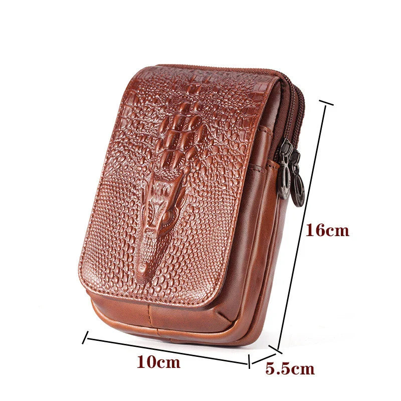 Premium cowhide leather men's mobile phone pouch in vertical design with multiple interior compartments