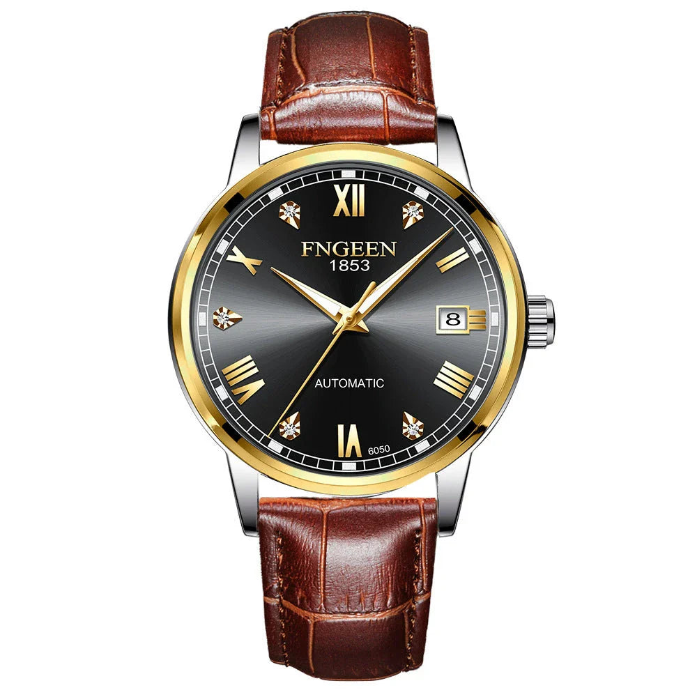 Premium automatic mechanical watch with leather strap, featuring a stainless steel case, luminous hands and markers, and a stylish British-inspired design