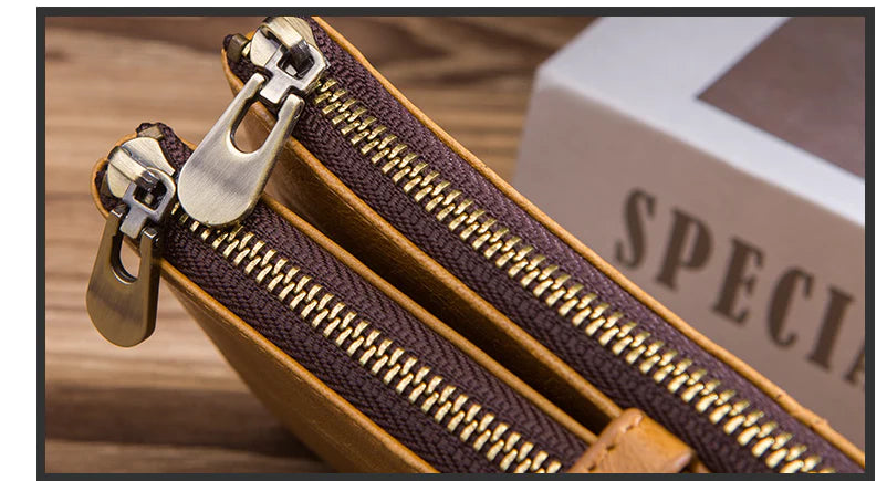 Trendha Premium Cowhide Leather Wallet with Multiple Card Slots and Secure Zipper Compartment