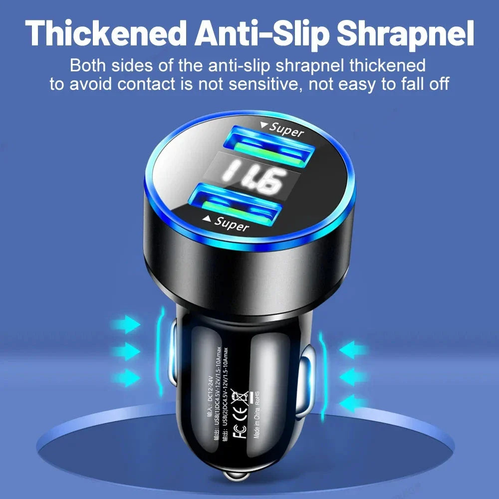 A sleek and durable 240W dual USB car charger with a digital display, perfect for keeping your devices charged on the road.
