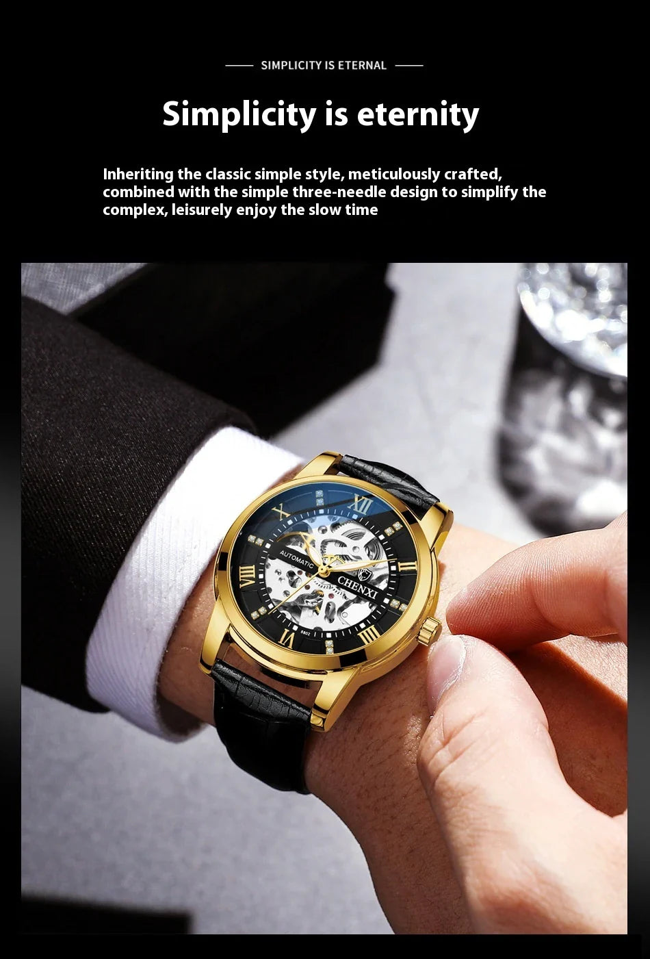 Premium automatic mechanical watch with a waterproof leather strap, featuring a sophisticated and versatile design.