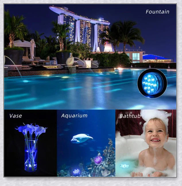 Submersible colour-changing LED pool lights with magnetic and suction cup mounting for easy installation