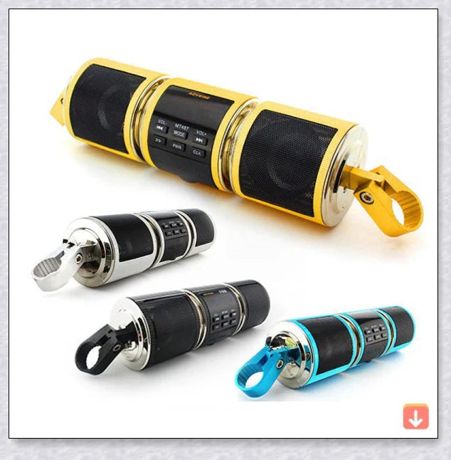 Powerful waterproof Bluetooth motorcycle speaker with resilient metal construction and adjustable handlebar mount